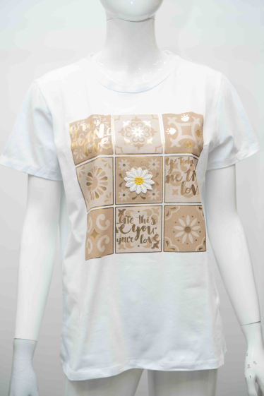 Grossiste Mooya - Tshirt blanc en coton imprimé quadrillage fleur doré