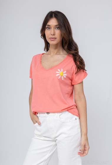 Großhändler Mooya - Baumwoll-T-Shirt mit V-Ausschnitt und Blumenstickerei