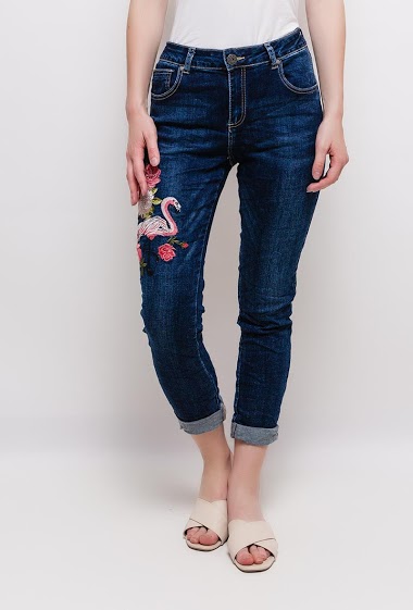 Großhändler Mozzaar  Forever - Jeans with embroidered flamingo