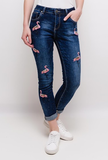 Großhändler Mozzaar  Forever - Jeans with embroidered flamingos