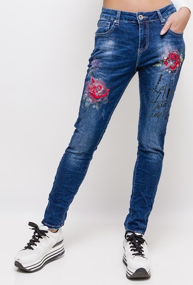 Großhändler Mozzaar  Forever - Jeans with painted flowers and embroideries
