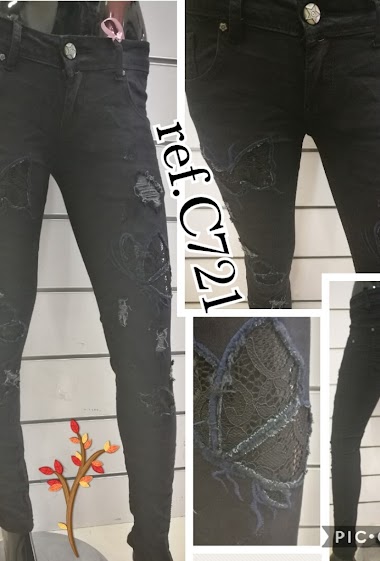 Grossiste Mozzaar  Forever - Pantalon jean noir dentelle