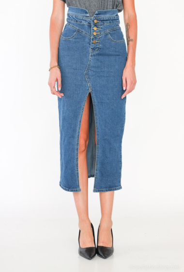 Wholesaler MOZZAAR FOREVER - Long denim skirt with front slit buttons, 93cm