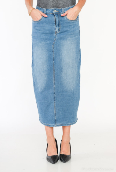 Wholesaler MOZZAAR FOREVER - Long denim skirt with slit behind, 90cm