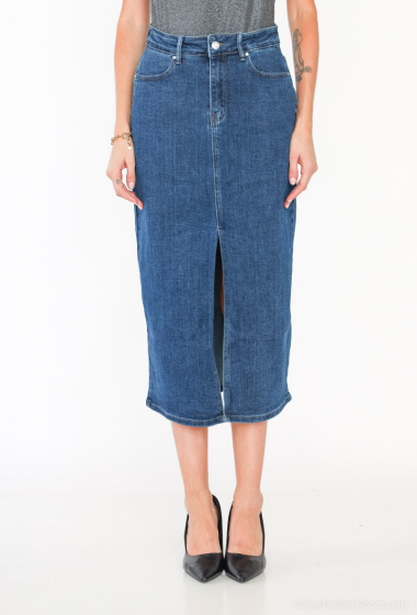 Wholesaler MOZZAAR FOREVER - Long denim skirt with slit front, 90cm