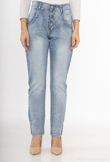 Grossiste MOZZAAR FOREVER - Pantalon jean grande taille, 4 boutons strass étoilé
