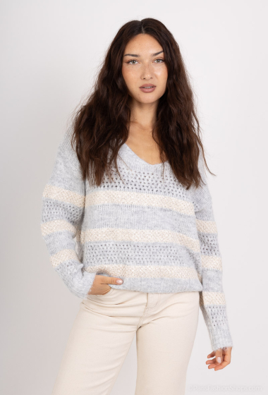 Grossiste MOZZAAR FOREVER - Pull laine mohair, rayure avec fils paiellette