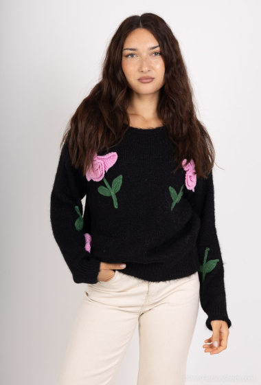 Grossiste MOZZAAR FOREVER - Pull laine touche mohair + borderie fleur