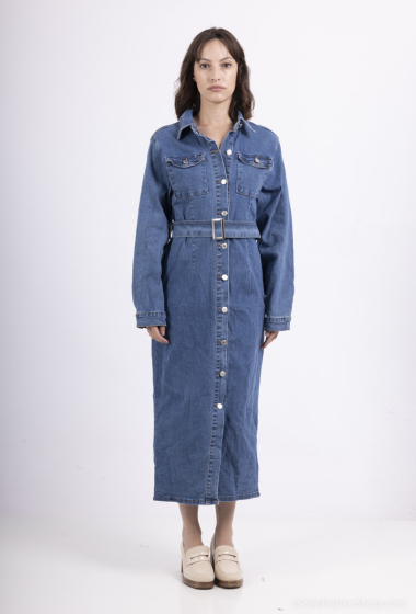 Wholesaler MOZZAAR FOREVER - Women's Long Sleeve Solid Button Front Denim Dress