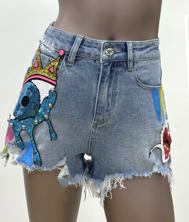Grossiste MOZZAAR FOREVER - Short jeans paillette , oeil coeur