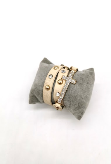 Grossiste M&P Accessoires - Bracelet double tour simili cuir strass croix