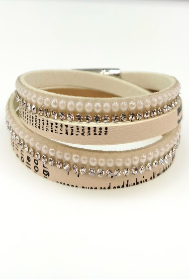 Grossiste M&P Accessoires - Bracelet double tour simili cuir imprimé avec strass et perles