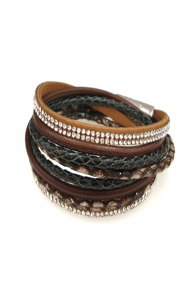 Grossiste M&P Accessoires - Bracelet brésilien double tour simili cuir serpent avec strass et tresse