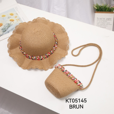 Wholesaler M&P Accessoires - Girl's straw hat and bag set with pearls