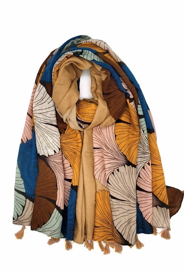 Grossiste M&P Accessoires - Foulard avec pompons bicolores imprimé motif feuilles