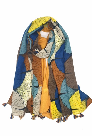Grossiste M&P Accessoires - Foulard avec pompons bicolores imprimé motif feuilles