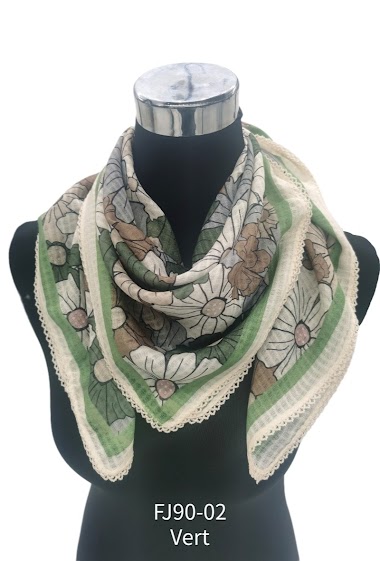 Großhändler M&P Accessoires - 90 cm langer quadratischer Schal aus bedruckter Baumwolle und Spitze