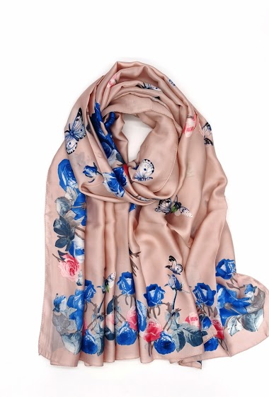 Großhändler M&P Accessoires - Printed silk scarf pattern flower and butterfly 180*90 CM