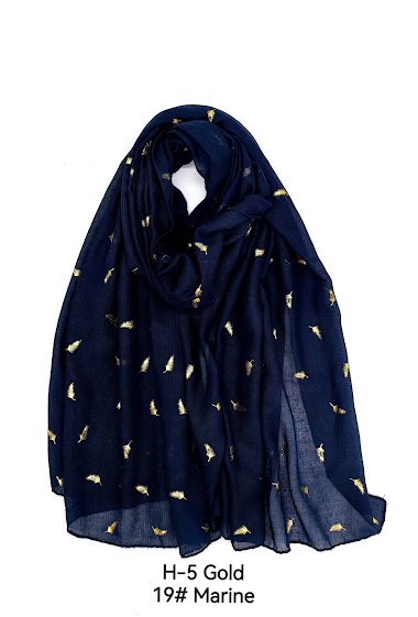 Wholesaler M&P Accessoires - Shiny gold printed scarf with small feathers pattern