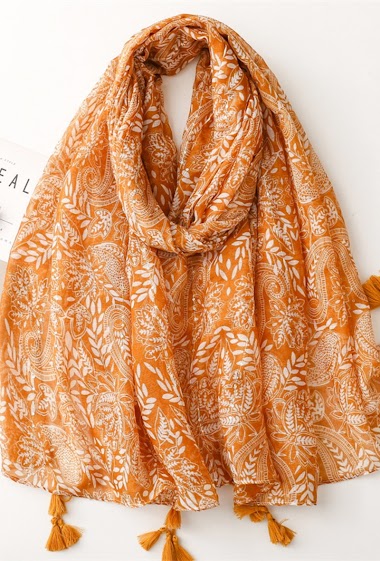 Großhändler M&P Accessoires - Leaf print scarf with sequins and pompoms