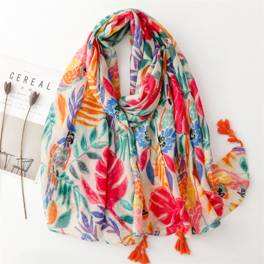 Wholesaler M&P Accessoires - Multicolored leaf print scarf with pompoms