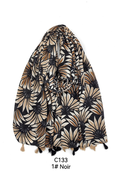 Wholesaler M&P Accessoires - Flower print scarf with two-tone pompom