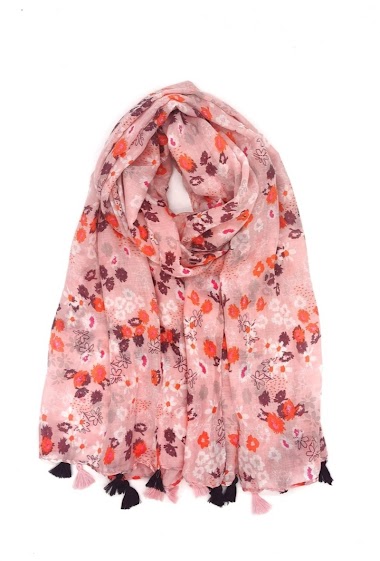 Grossiste M&P Accessoires - Foulard imprimé fleur avec pompons bicolores