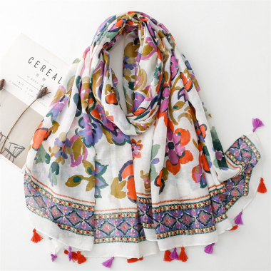 Grossiste M&P Accessoires - Foulard imprimé fleur multicolore avec pompons