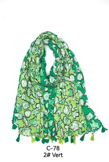 Flower print scarf with two-tone pompoms