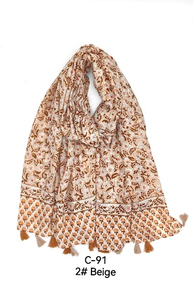 Wholesaler M&P Accessoires - Flower print scarf with two-tone pompoms
