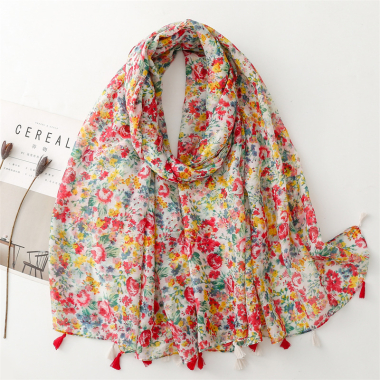 Wholesaler M&P Accessoires - Multicolored flower print scarf with pompoms