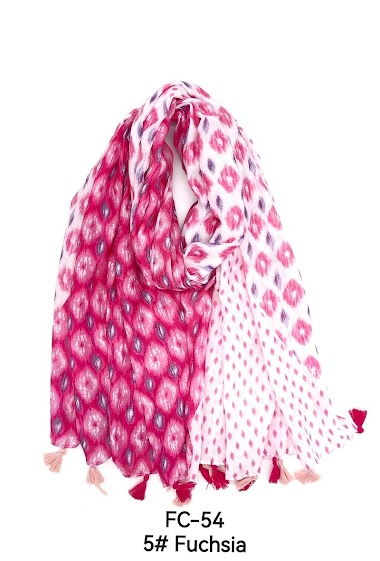 Geometric print scarf with pompoms