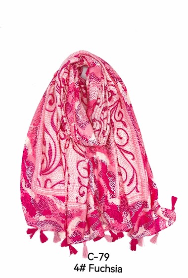 Grossiste M&P Accessoires - Foulard imprimé mosaïque avec pompons bicolores