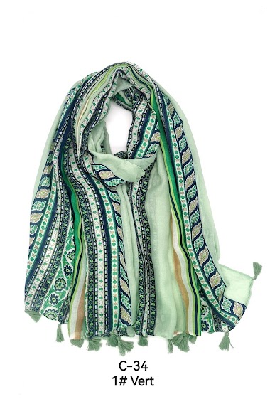 Wholesaler M&P Accessoires - Bohemian striped print scarf with pompoms