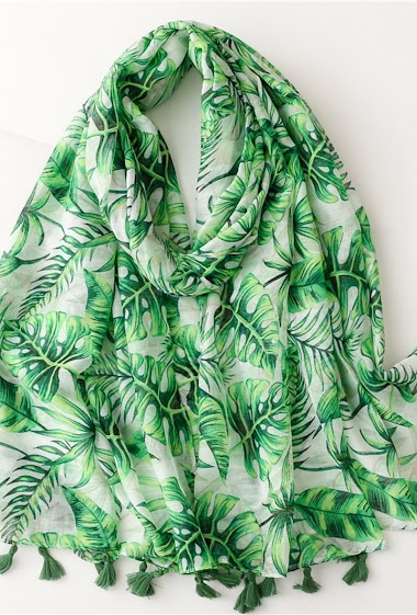 Grossiste M&P Accessoires - Foulard imprimé motif feuilles avec pompons