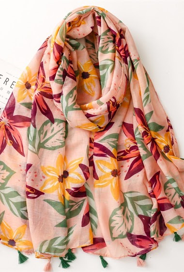 Grossiste M&P Accessoires - Foulard imprimé motif fleurs avec pompons
