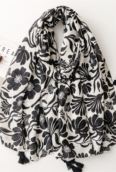 Grossiste M&P Accessoires - Foulard imprimé motif fleurs avec pompons