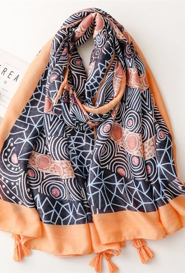 Großhändler M&P Accessoires - Geometric pattern printed scarf with pompoms