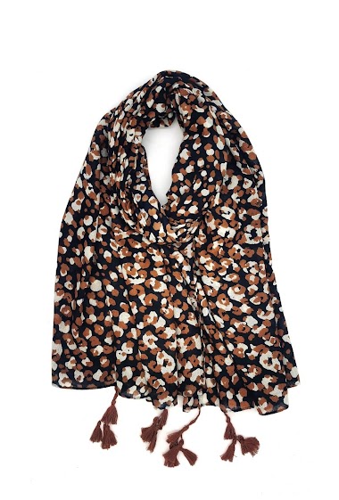 Grossiste M&P Accessoires - Foulard imprimé motif léopard avec pompons
