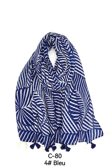 Striped print scarf with pompoms