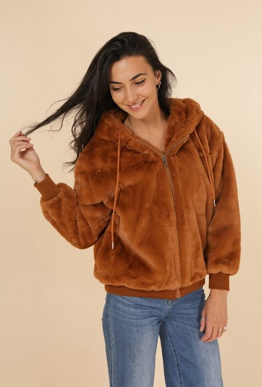 Grossiste M&P Accessoires - Manteau fausse fourrure zippé à capuche et cordon