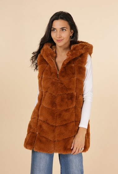 Grossiste M&P Accessoires - Manteau zippé sans manche fausse fourrure avec capuche et poches