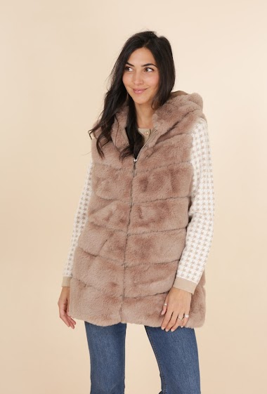 Grossiste M&P Accessoires - Manteau zippé sans manche fausse fourrure avec capuche et poches