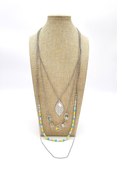 Großhändler M&P Accessoires - 4-reihige mehrreihige lange Halskette mit Kristallen und Blattanhänger