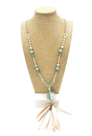 Großhändler M&P Accessoires - Lange Halskette mit Perlen und Federn