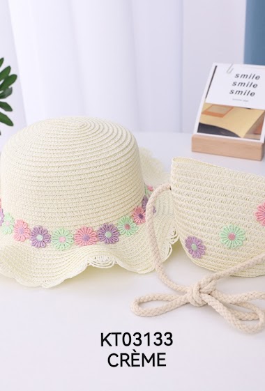 Wholesaler M&P Accessoires - Set girl straw hat and bag with flower