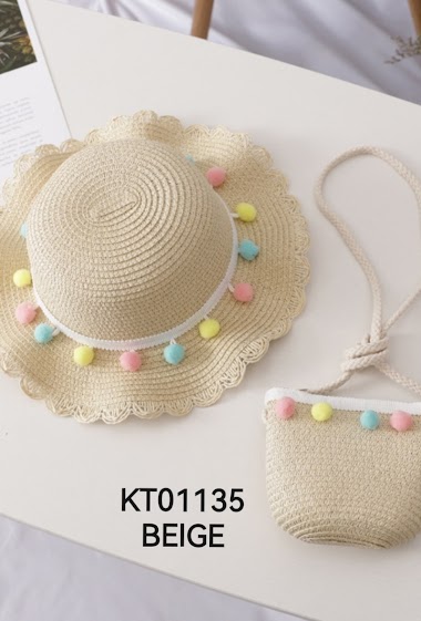 Grossiste M&P Accessoires - Set chapeau de paille fille et sac avec pompons et dentelle