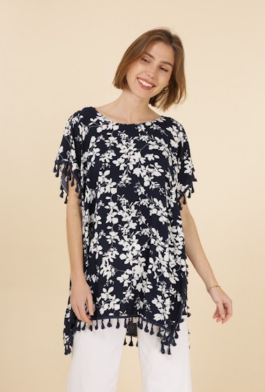 Floral print tunic with pompom