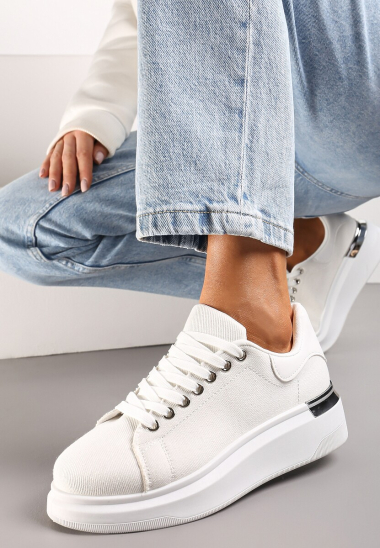 Wholesaler Mulanka - White lace-up denim sneakers with an oversized sole