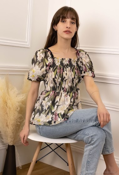 Wholesaler My Queen - Blouse with printed flowers, puff sleeves